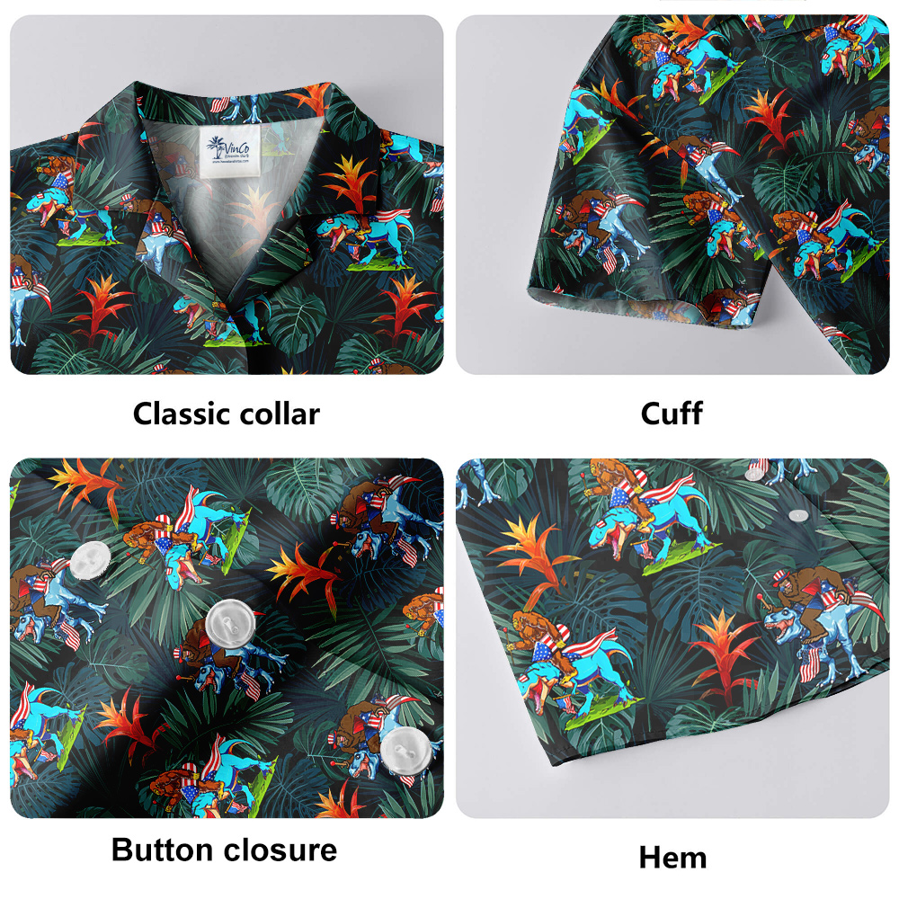Funny Bigfoot Dinosaur 4th Of July Tropical Hawaiian Button Up Shirt