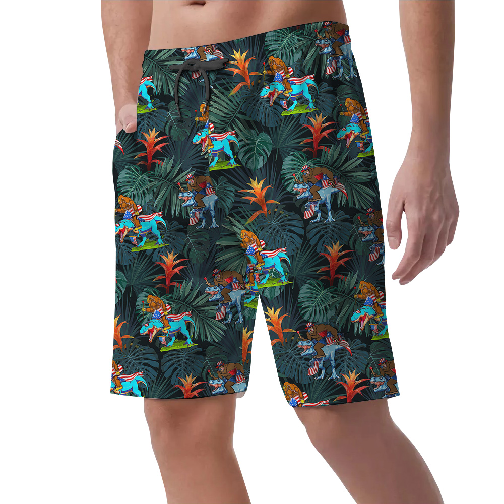 4th Of July Sasquatch Dinosaur Tropical Hawaiian Beach Shorts For Men