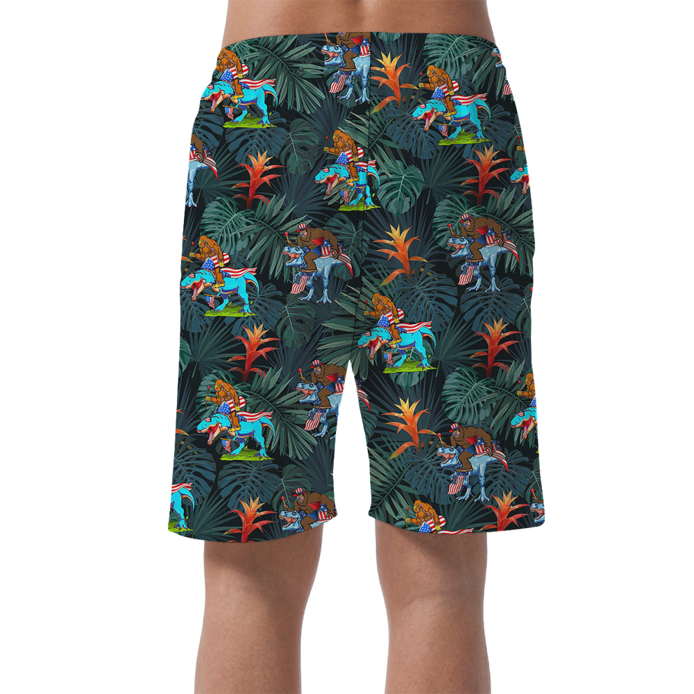 4th Of July Sasquatch Dinosaur Tropical Hawaiian Beach Shorts For Men