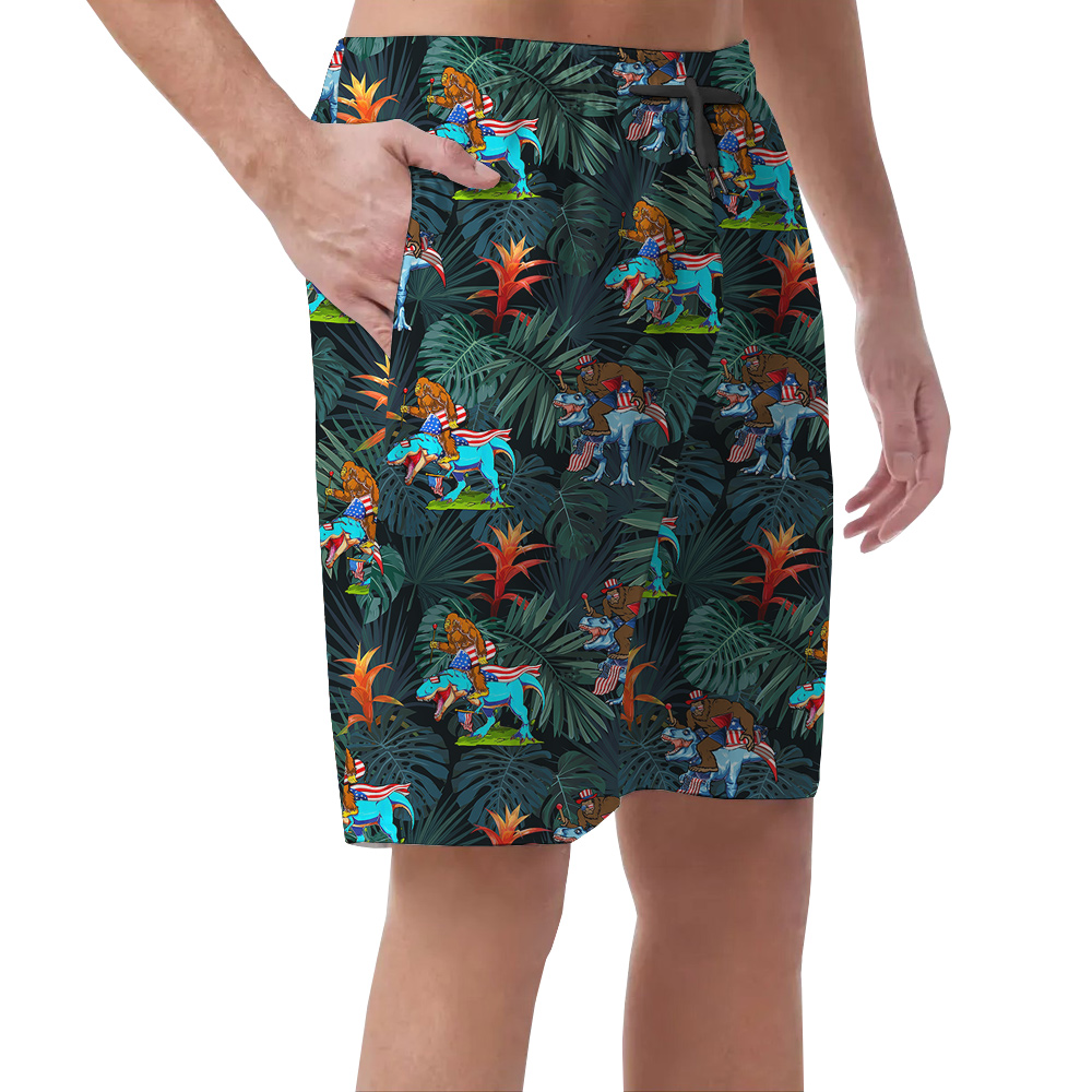 4th Of July Sasquatch Dinosaur Tropical Hawaiian Beach Shorts For Men