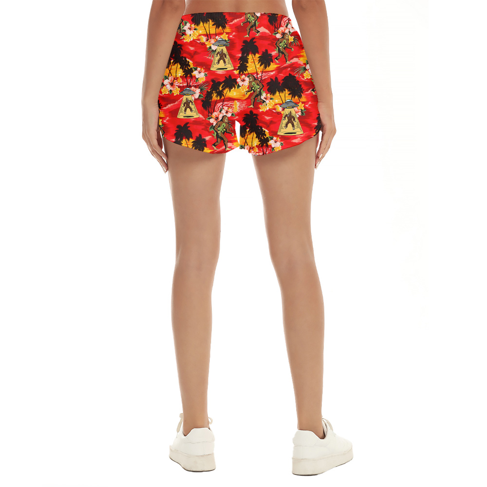 Funny Bigfoot Alien Tropical Orange Women's Hawaiian Beach Shorts