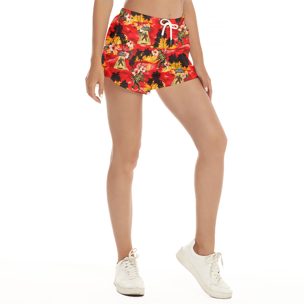 Funny Bigfoot Alien Tropical Orange Women's Hawaiian Beach Shorts