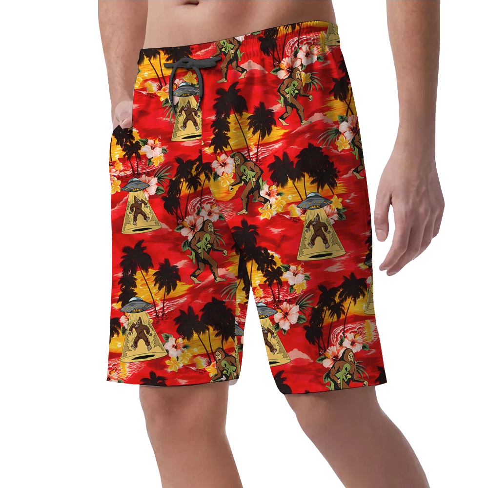 Tropical Sunset Beach Bigfoot Alien Hawaiian Beach Shorts For Men