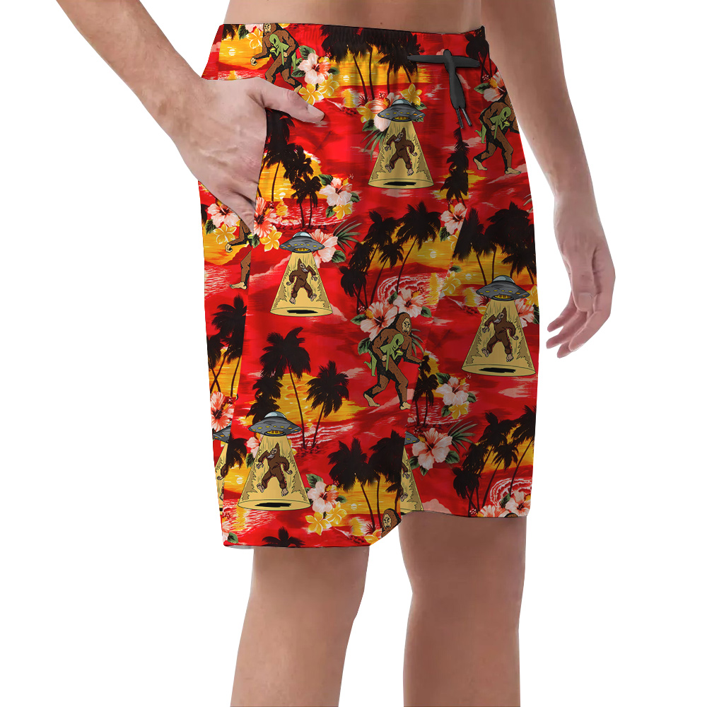 Tropical Sunset Beach Bigfoot Alien Hawaiian Beach Shorts For Men