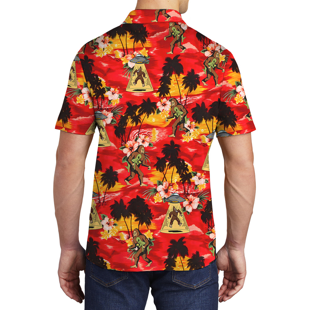 UFO Alien Bigfoot Tropical Orange Men's Hawaiian Polo Shirt