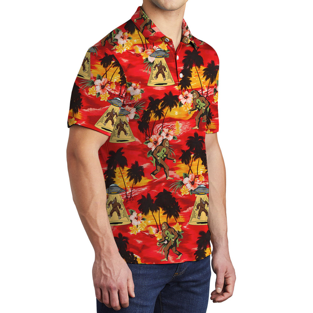 UFO Alien Bigfoot Tropical Orange Men's Hawaiian Polo Shirt