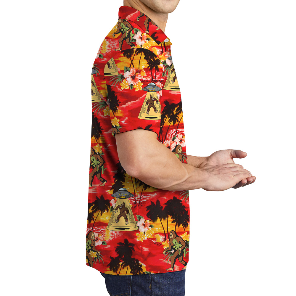 UFO Alien Bigfoot Tropical Orange Men's Hawaiian Polo Shirt