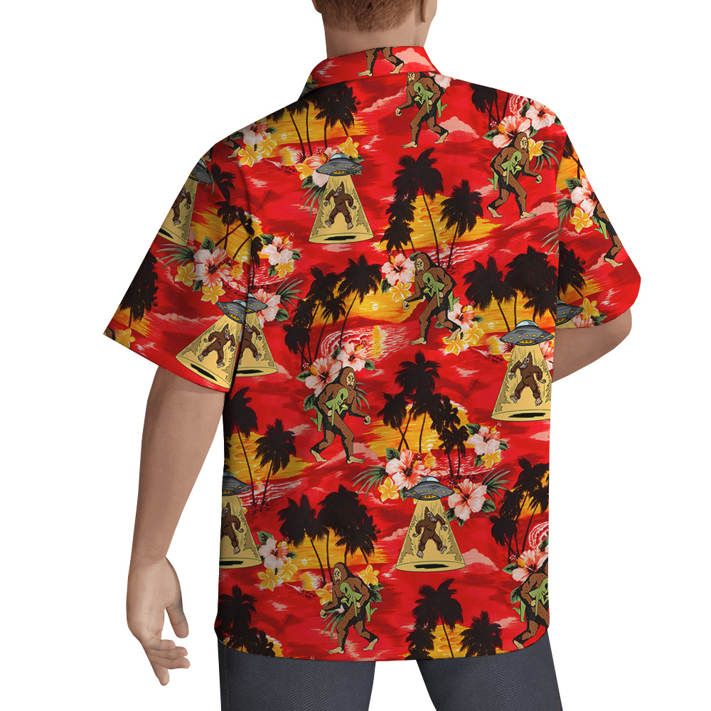 Funny Sasquatch Alien UFO Tropical Sunset Beach Hawaiian Shirt