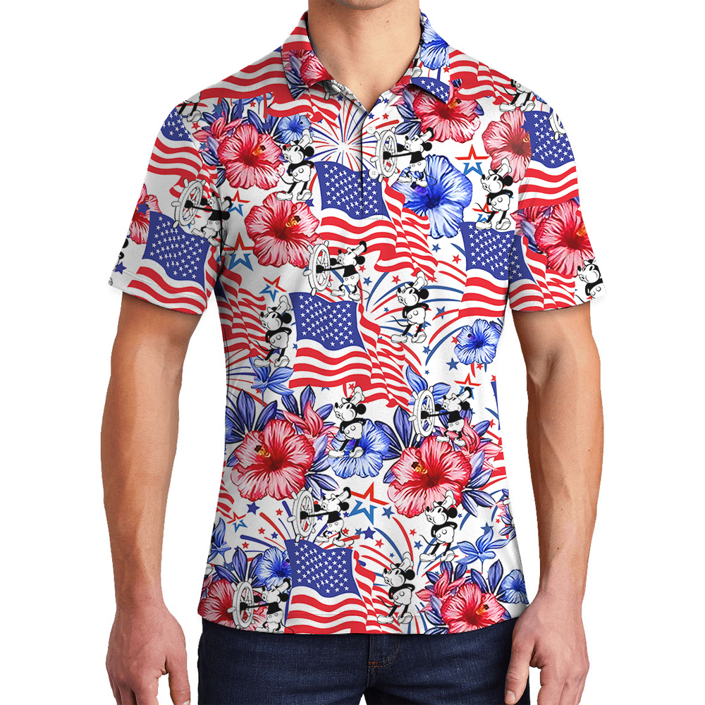 Patriotic Mickey Hawaiian Shirt Steamboat Willie 1928 4th of July Men’s Polo - variant image 1