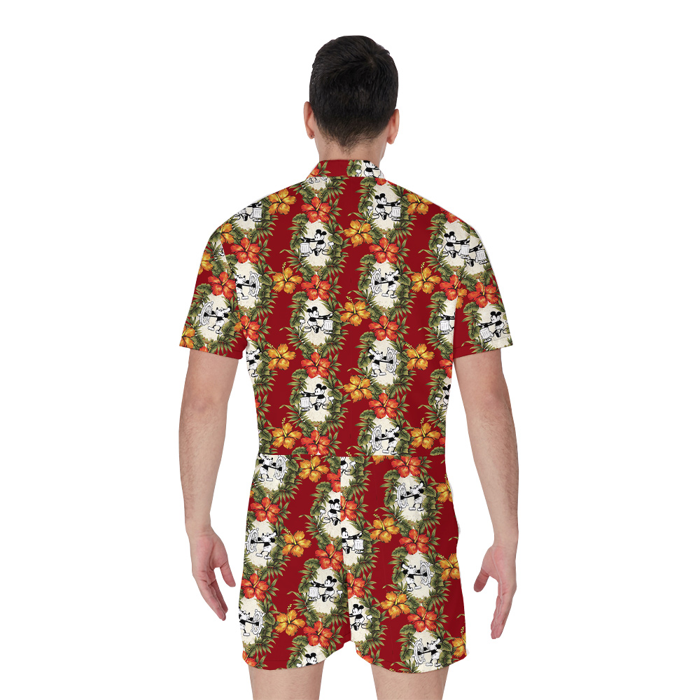 Relaxed Red 1928 Mickey Floral Hawaiian Men Rompers