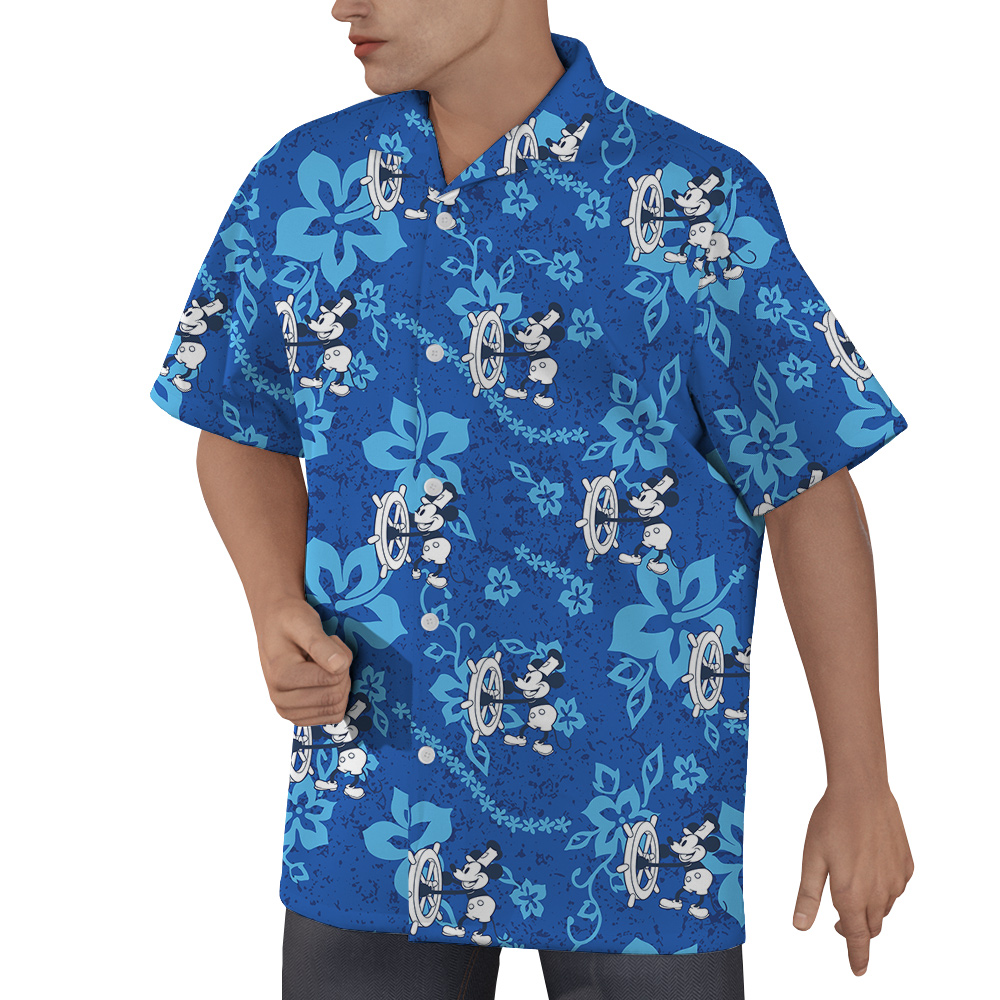 1928 Mickey Floral Hawaiian Blue Shirts For Men