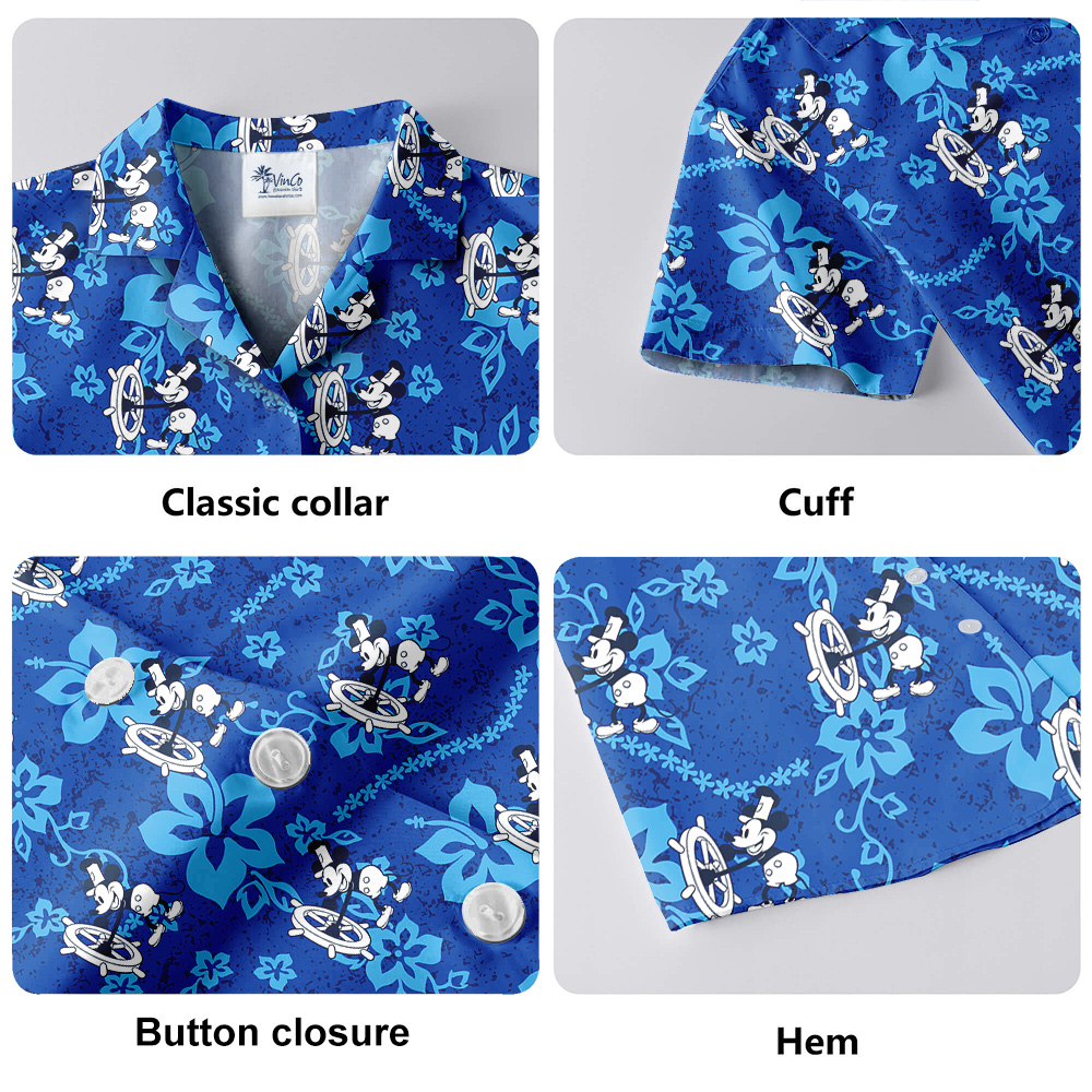 1928 Mickey Floral Hawaiian Blue Shirts For Men