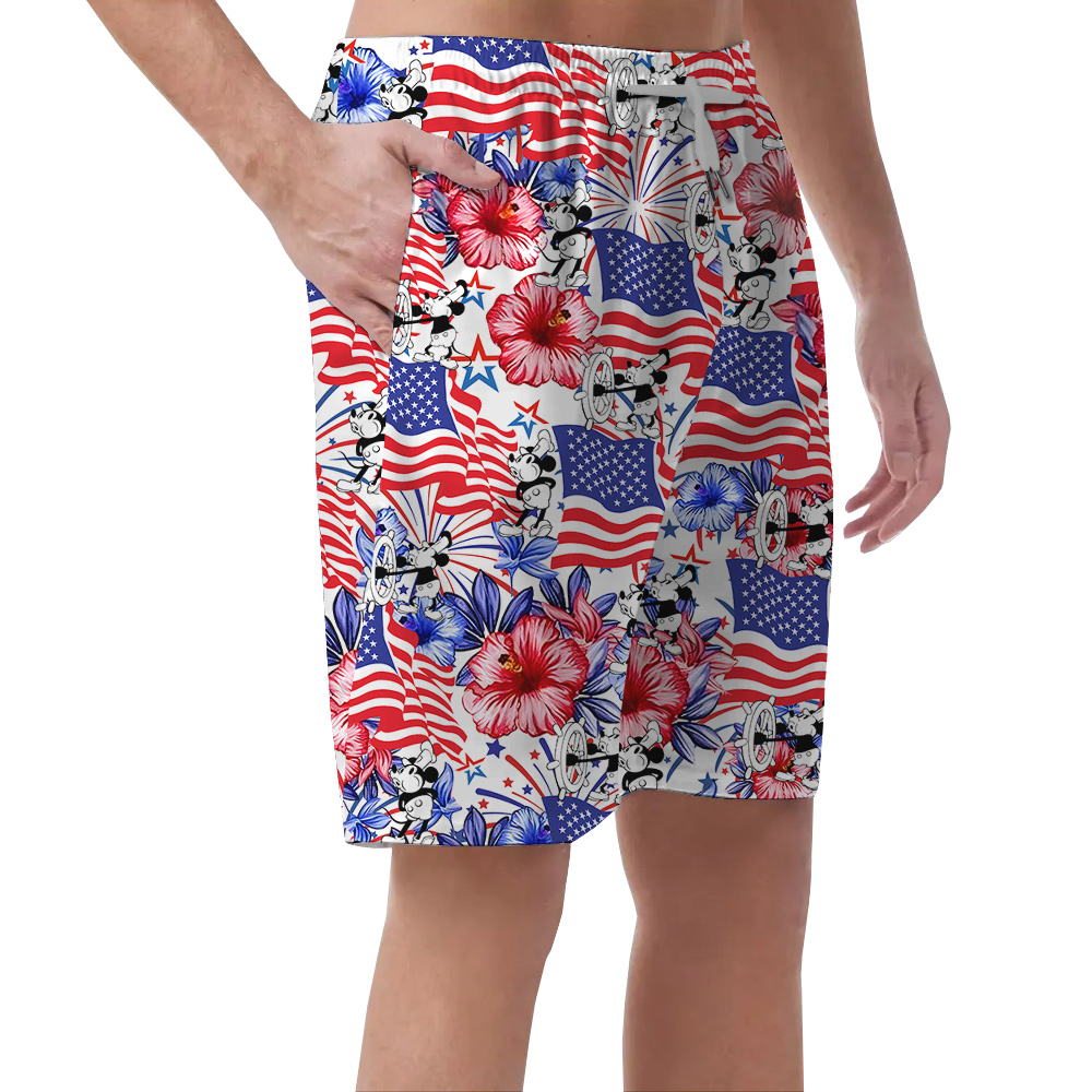 Patriotic Mickey Hawaiian Shirt Steamboat Willie 1928 4th of July Men’s Short