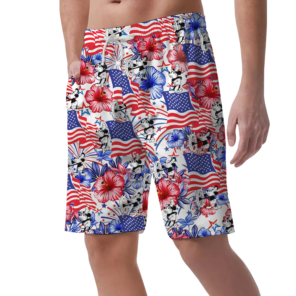 Patriotic Mickey Hawaiian Shirt Steamboat Willie 1928 4th of July Men’s Short