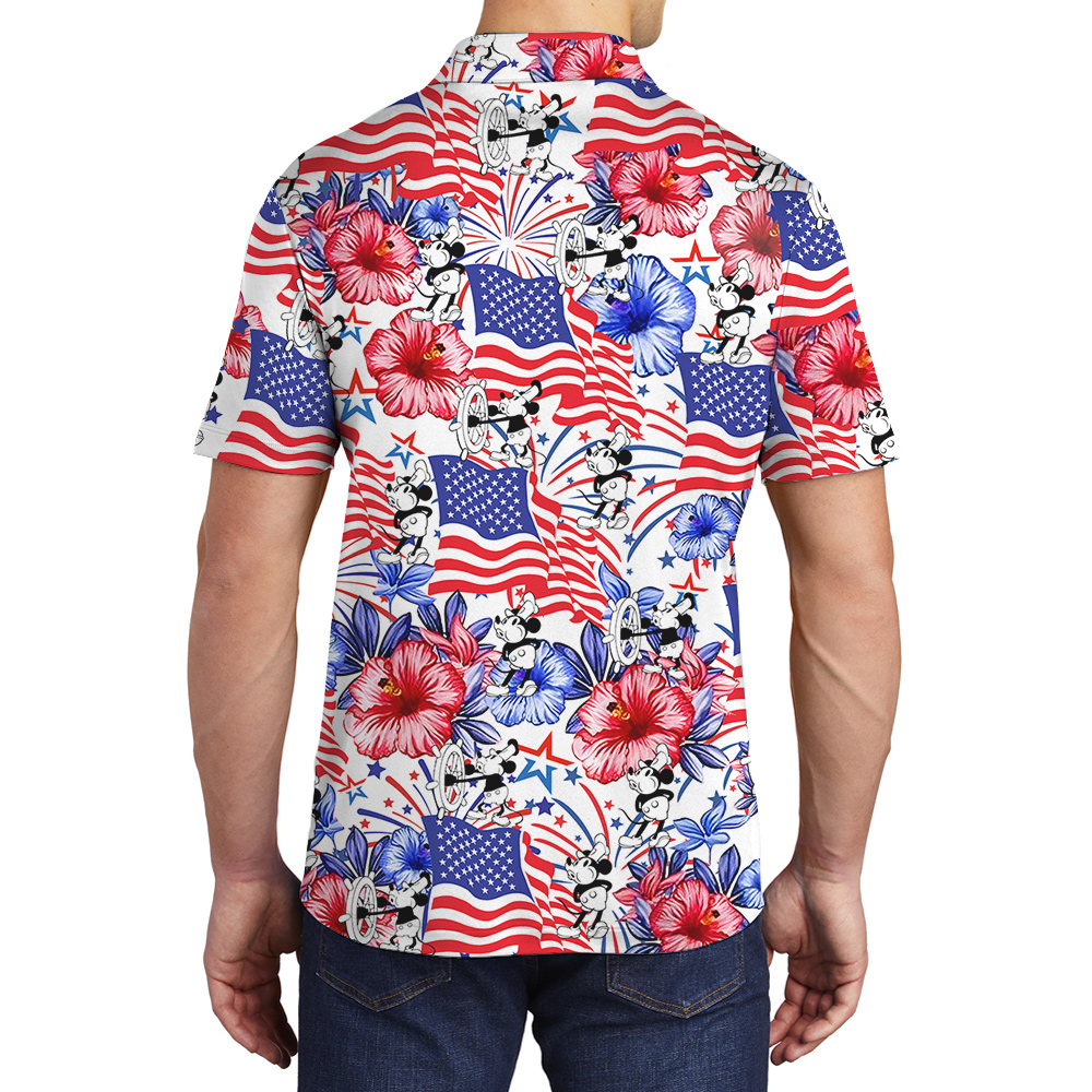 Patriotic Mickey Hawaiian Shirt Steamboat Willie 1928 4th of July Men’s Polo