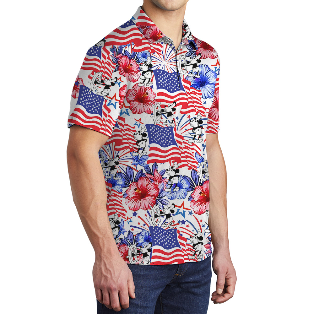 Patriotic Mickey Hawaiian Shirt Steamboat Willie 1928 4th of July Men’s Polo