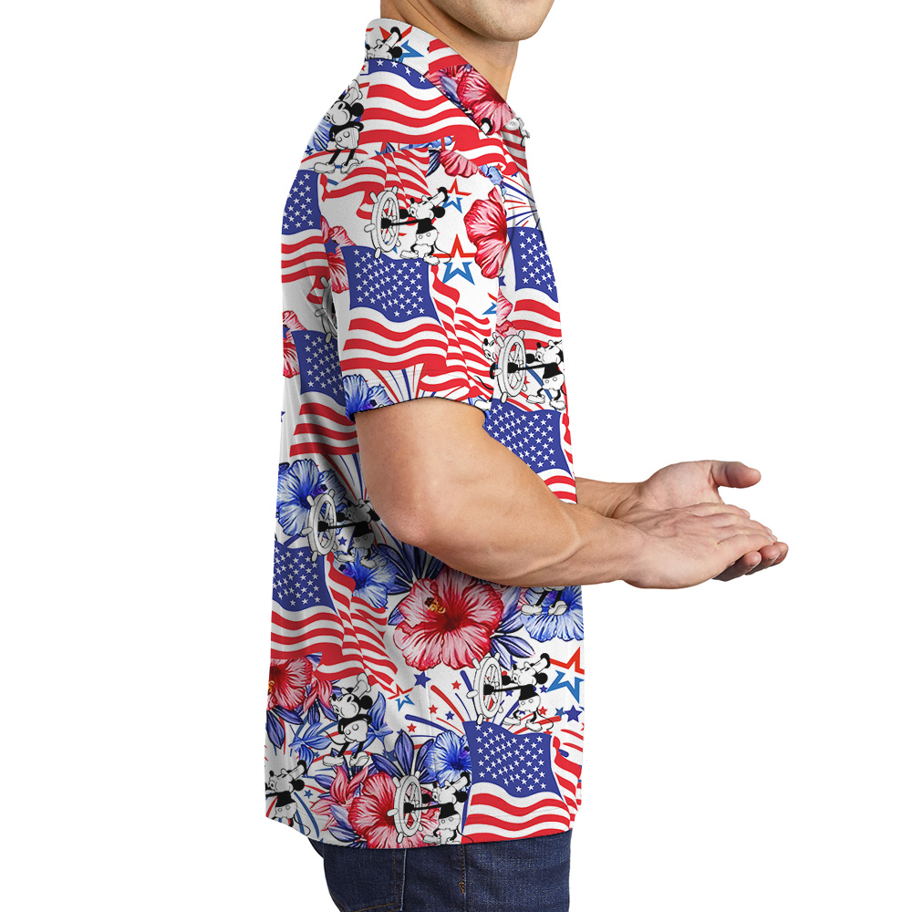 Patriotic Mickey Hawaiian Shirt Steamboat Willie 1928 4th of July Men’s Polo