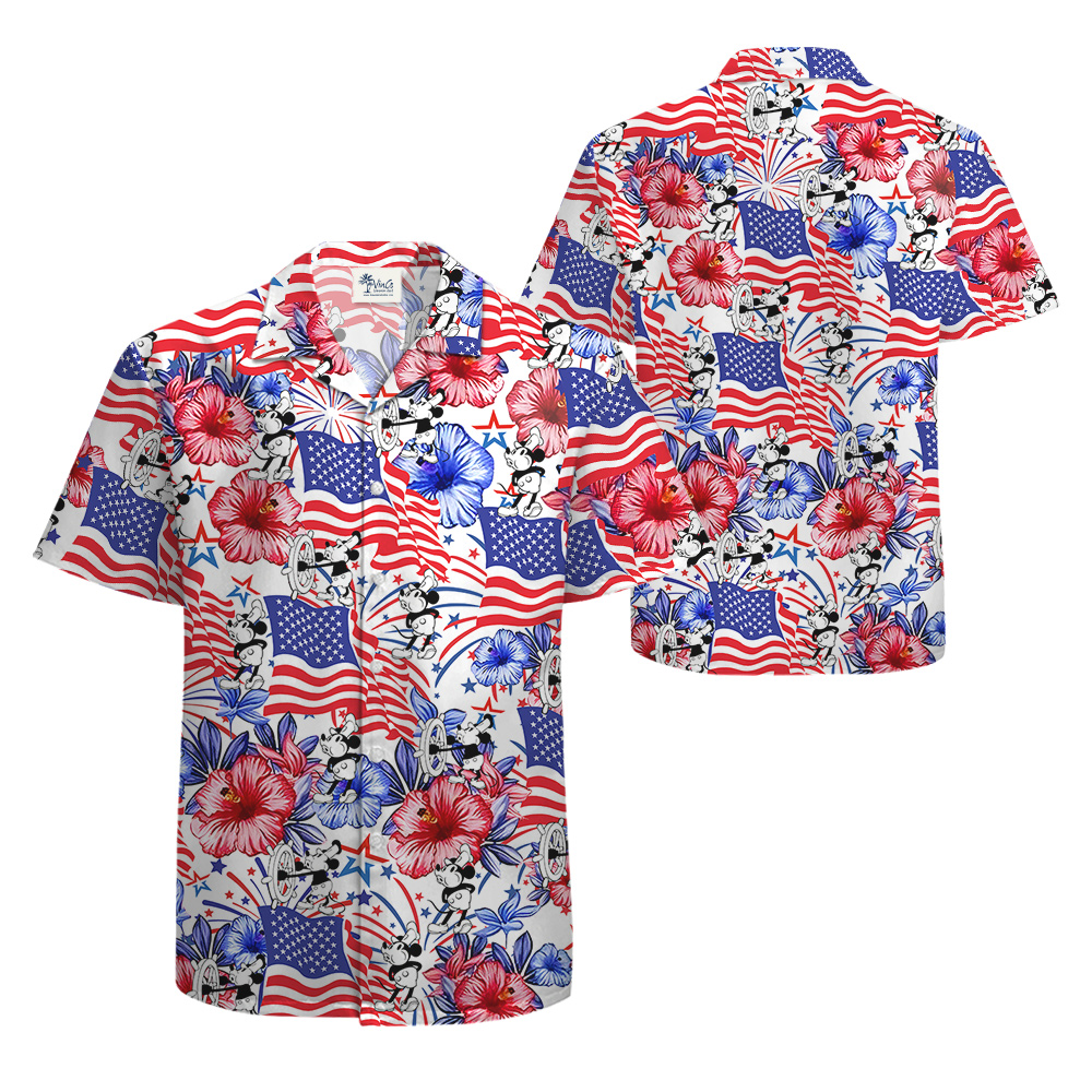 Mickey Steamboat Willie 1928 Patriotic Hawaiian 4th of July Men’s Shirt