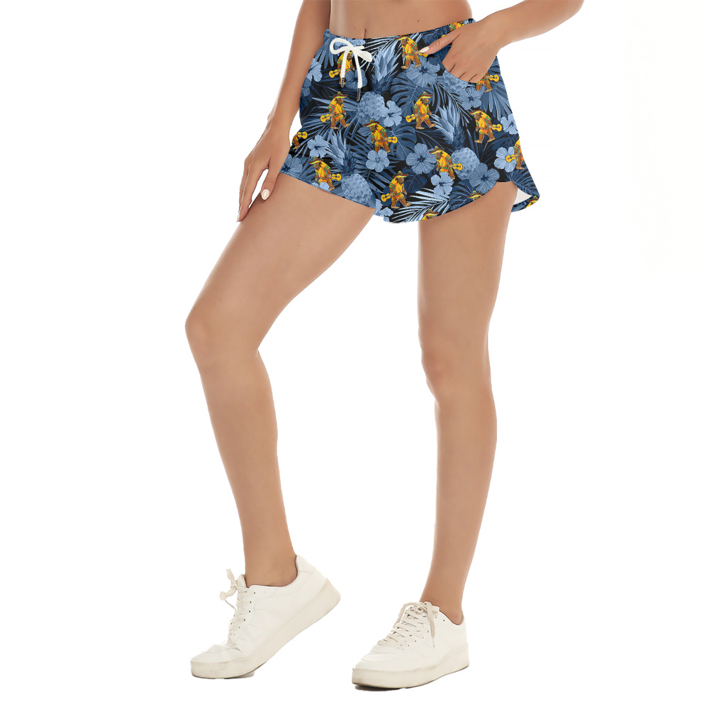 Tropical Mexican Bigfoot Blue Hawaiian Beach Shorts For Women
