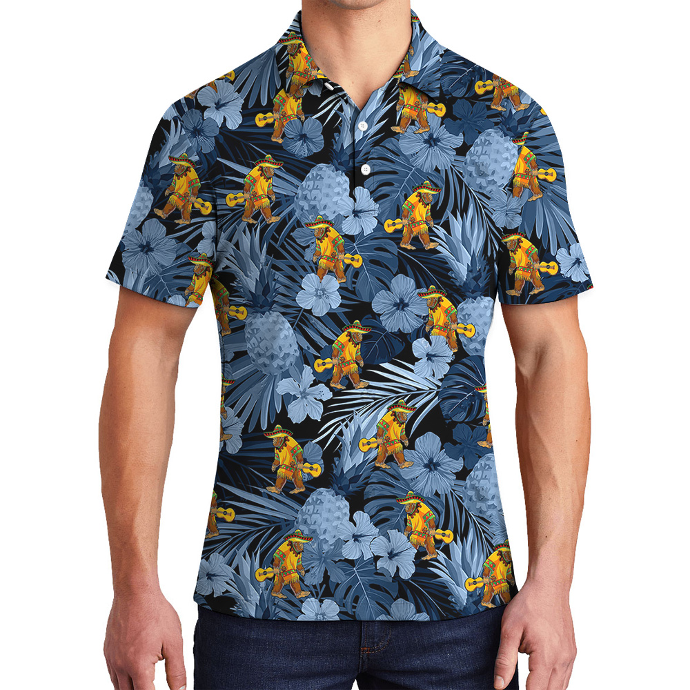 Mexican Bigfoot Tropical Blue Hawaiian Polo Shirt For Men - variant image 1