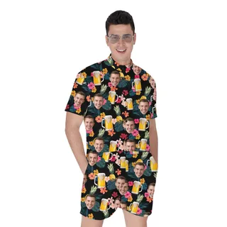 Custom Face Hibiscus Male One-Piece With Beer Print