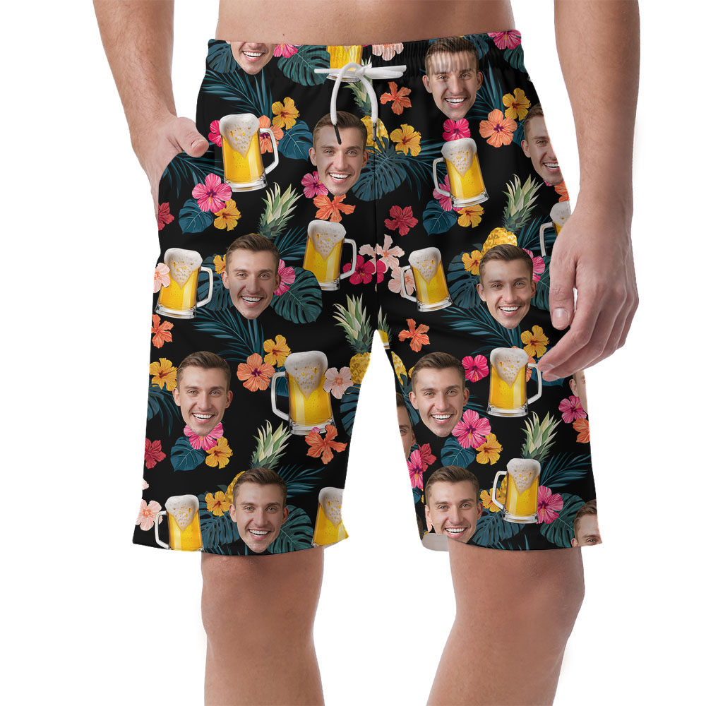 Floral Beer Print Hawaiian Shorts With Custom Face - variant image 1