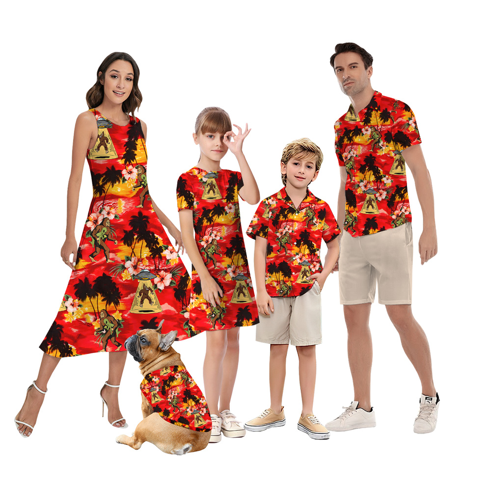 Tropical Sunset Beach Bigfoot And Alien Family Matching Hawaiian Outfits - variant image 1