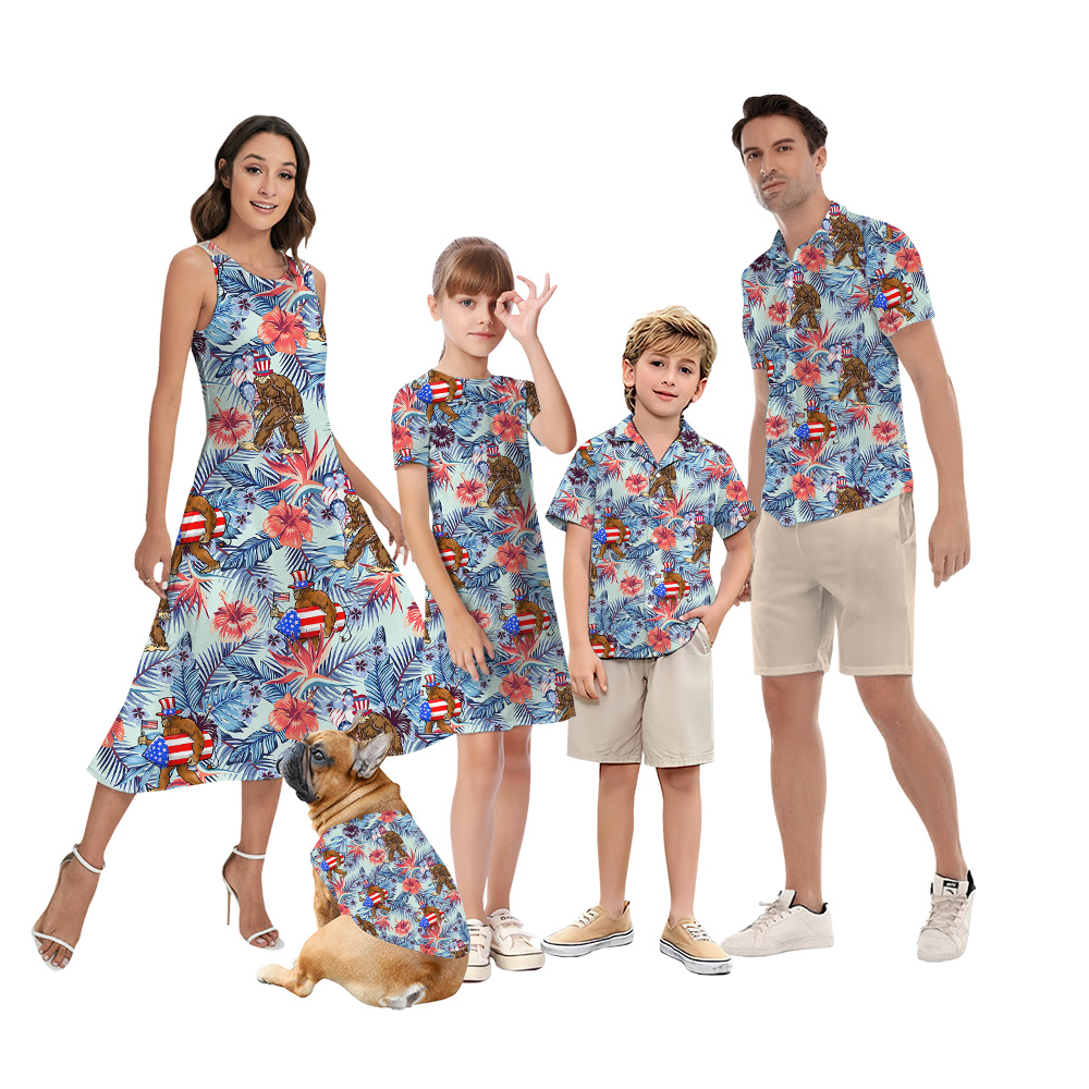 Funny 4th Of July Bigfoot Floral Matching Family Hawaiian Outfits - variant image 1