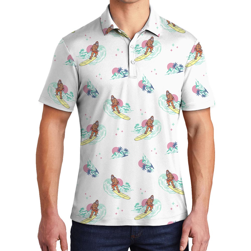 Funny Bigfoot Surfing Hawaiian Polo Shirt Men - variant image 1