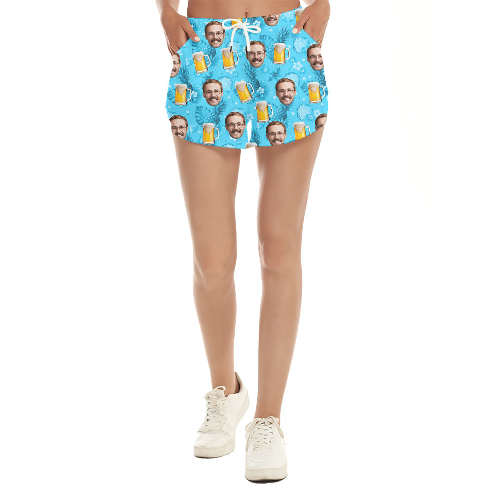 Funny Custom Face And Beer Mug Pineapple Blue Shorts For Women - variant image 1