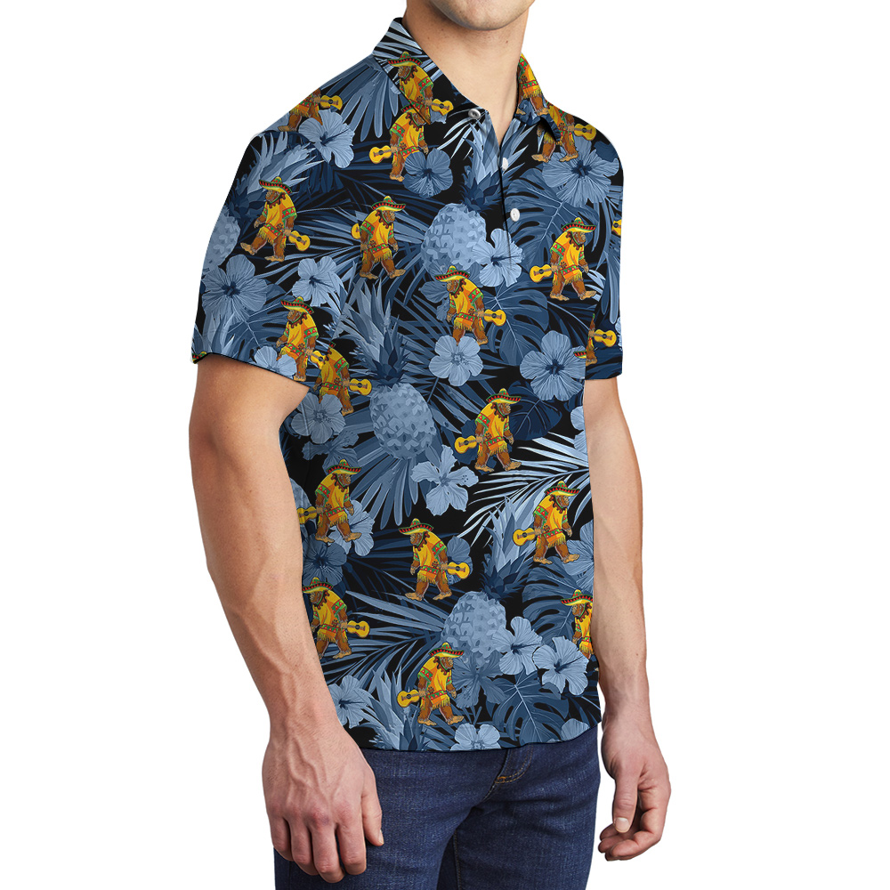 Mexican Bigfoot Tropical Blue Hawaiian Polo Shirt For Men