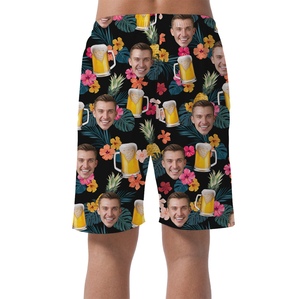 Floral Beer Print Hawaiian Shorts With Custom Face