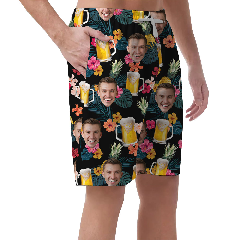 Floral Beer Print Hawaiian Shorts With Custom Face