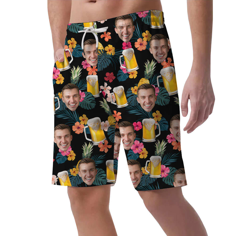 Floral Beer Print Hawaiian Shorts With Custom Face