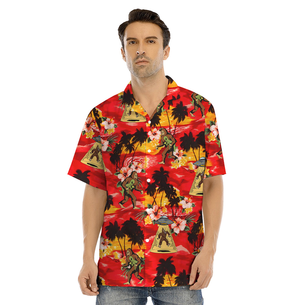 Tropical Sunset Beach Bigfoot And Alien Family Matching Hawaiian Outfits