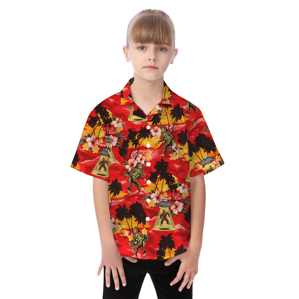 Tropical Sunset Beach Bigfoot And Alien Family Matching Hawaiian Outfits