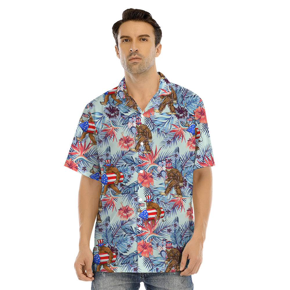 Funny 4th Of July Bigfoot Floral Matching Family Hawaiian Outfits