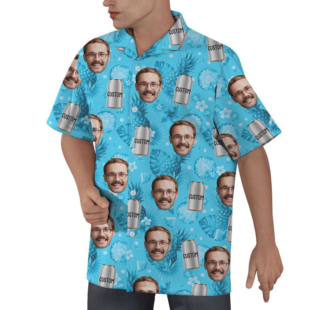 Cold Beer Blue Button Up Shirt With Custom Face