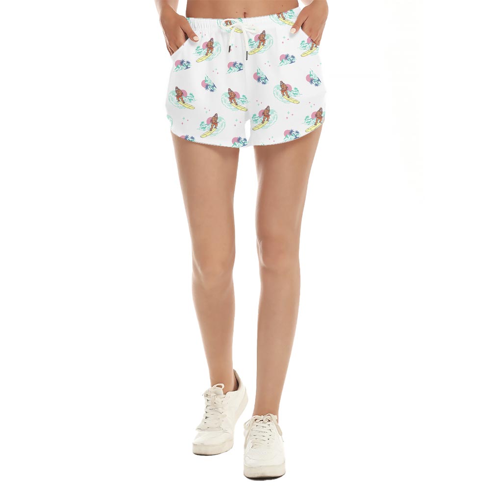 Funny Surfing Bigfoot Palm Trees Women's Beach Shorts