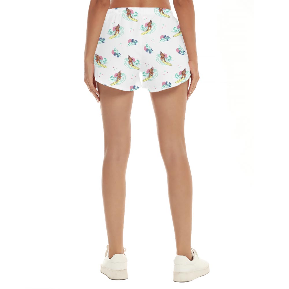 Funny Surfing Bigfoot Palm Trees Women's Beach Shorts