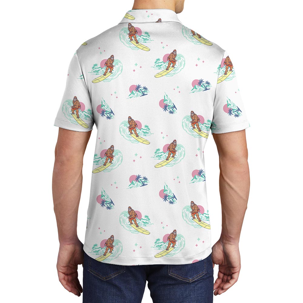 Funny Bigfoot Surfing Hawaiian Polo Shirt Men