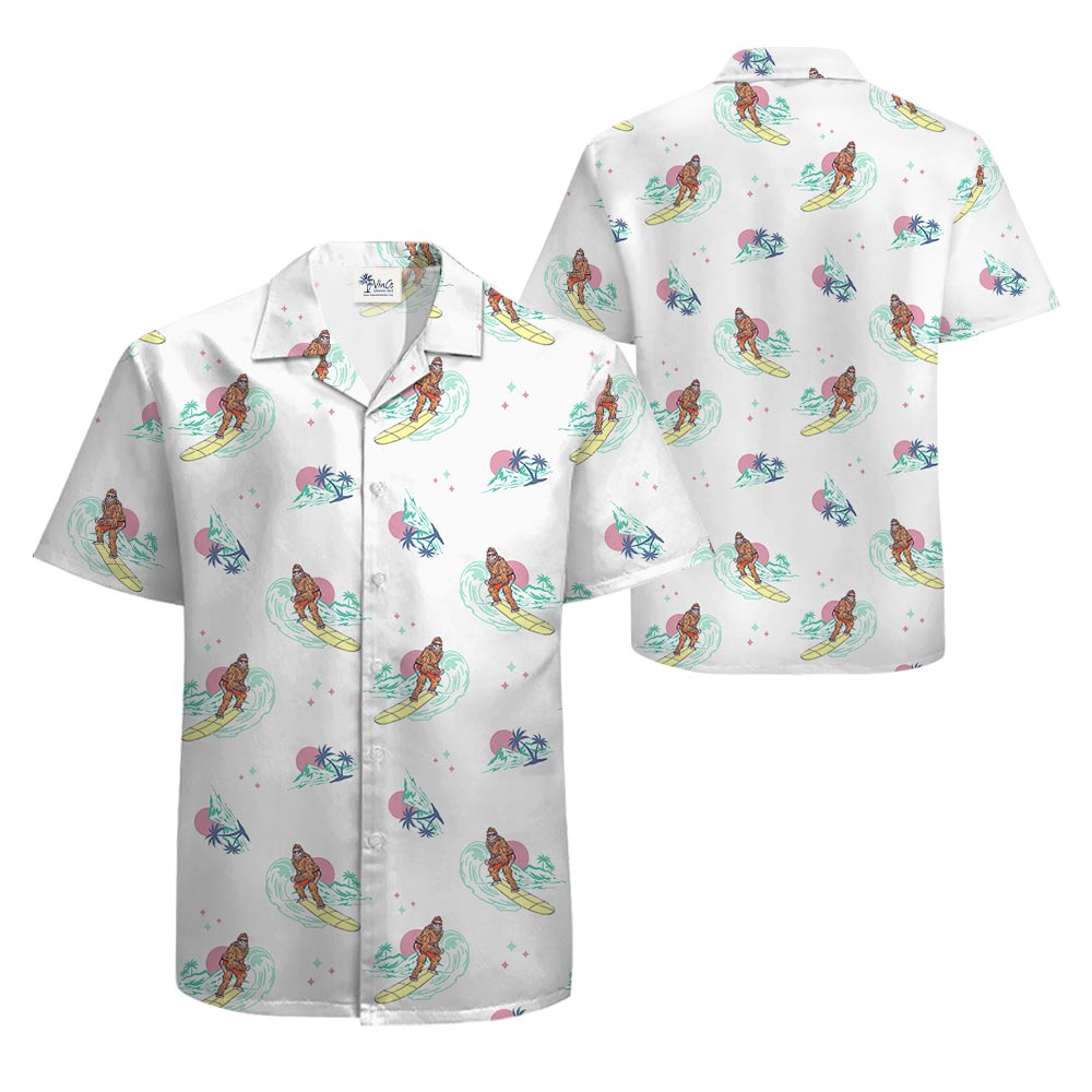 Bigfoot Surfing Palm Tree Men's Hawaiian Shirt