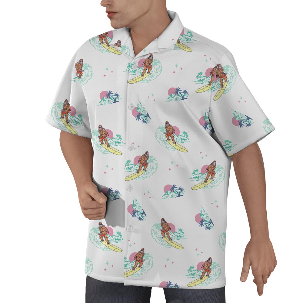 Bigfoot Surfing Palm Tree Men's Hawaiian Shirt