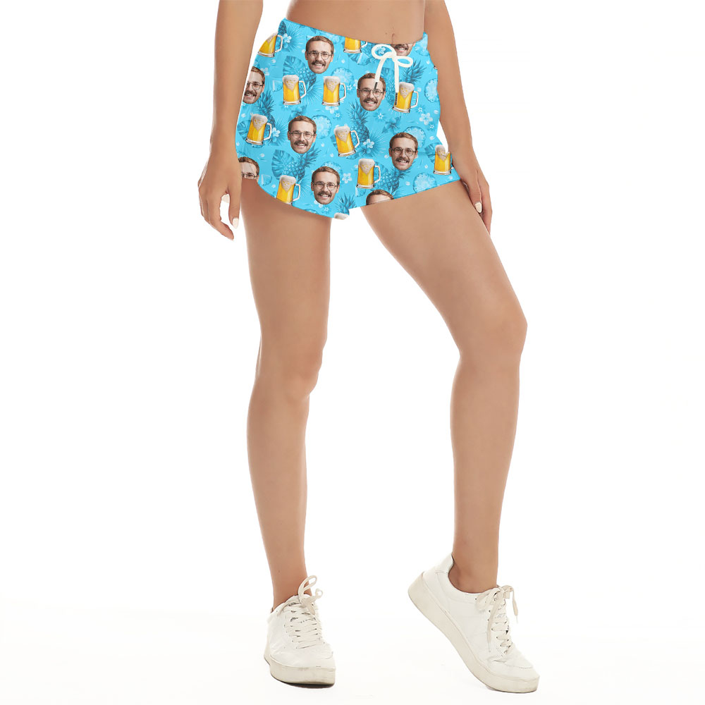 Funny Custom Face And Beer Mug Pineapple Blue Shorts For Women