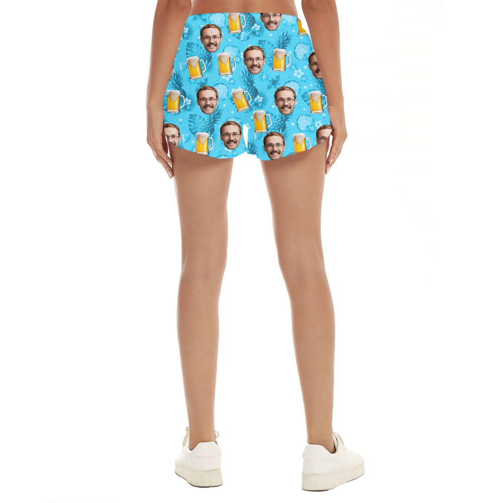 Funny Custom Face And Beer Mug Pineapple Blue Shorts For Women