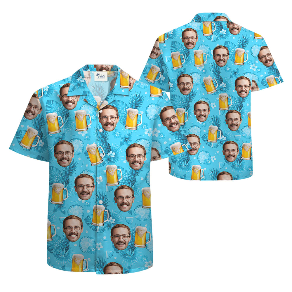 Cool Beer Custom Face Blue Hawaiian Shirt For Men