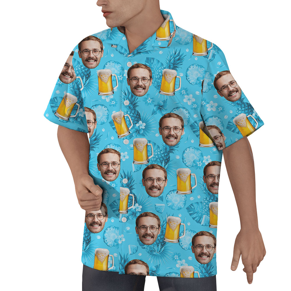 Cool Beer Custom Face Blue Hawaiian Shirt For Men
