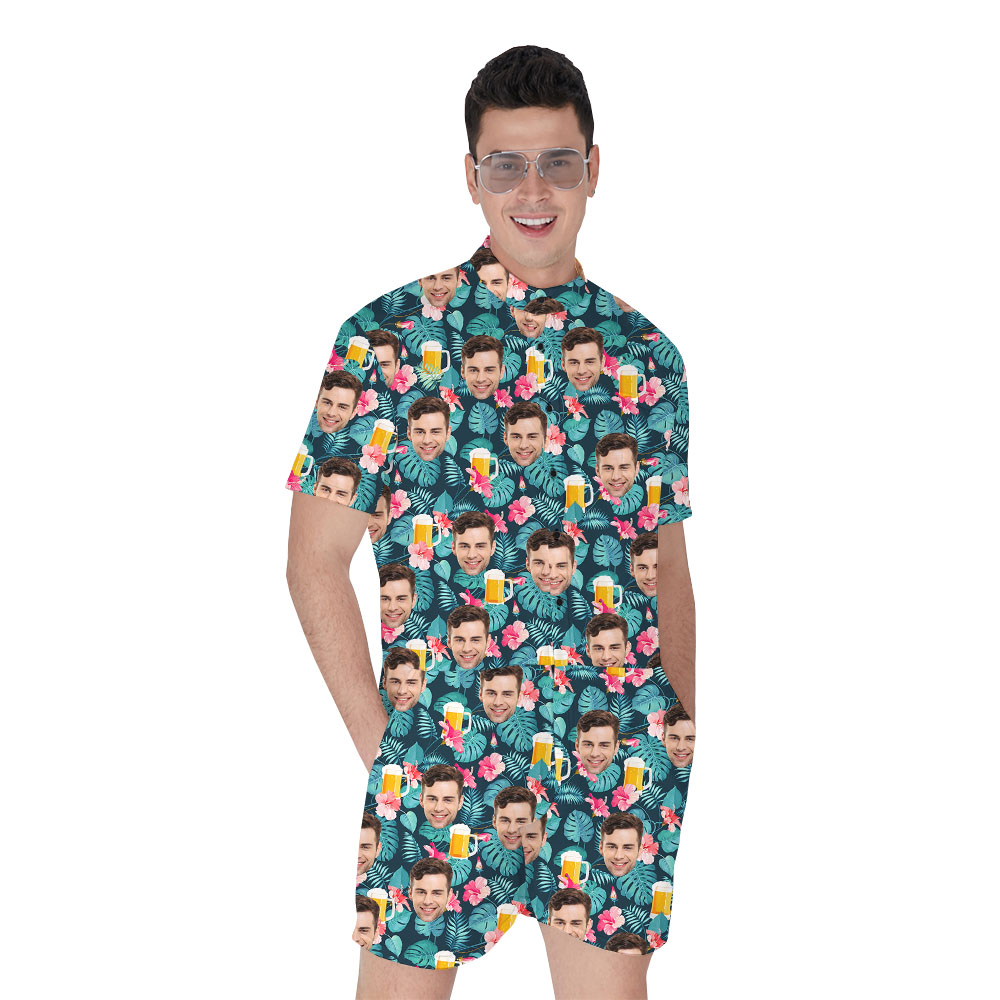 Men's Hawaiian Romper With Custom Face And Beer Mug Print - variant image 1