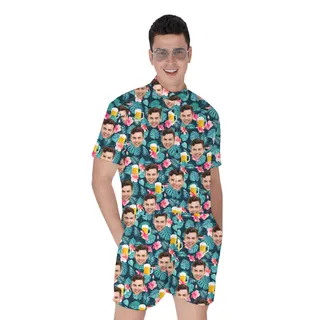 Men's Hawaiian Romper With Custom Face And Beer Mug Print