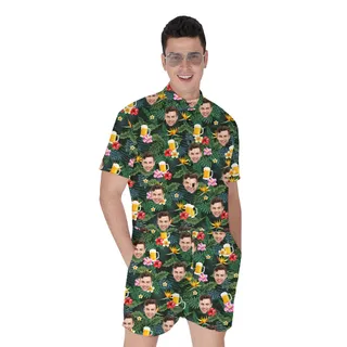Funny Beer Tropical Print Male Romper With Faces